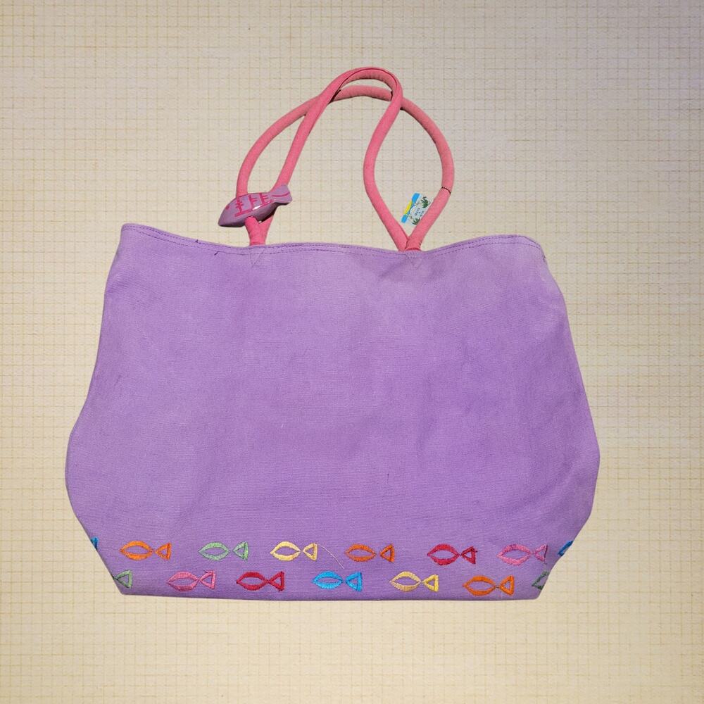 90s Summer Beach Bag Sun n Sand Embroidered Pink Purple Canvas Tote Woodenfish